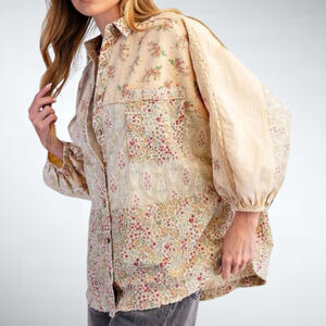Easel Floral Patch Button Down Dolman Sleeve Shirt Size S